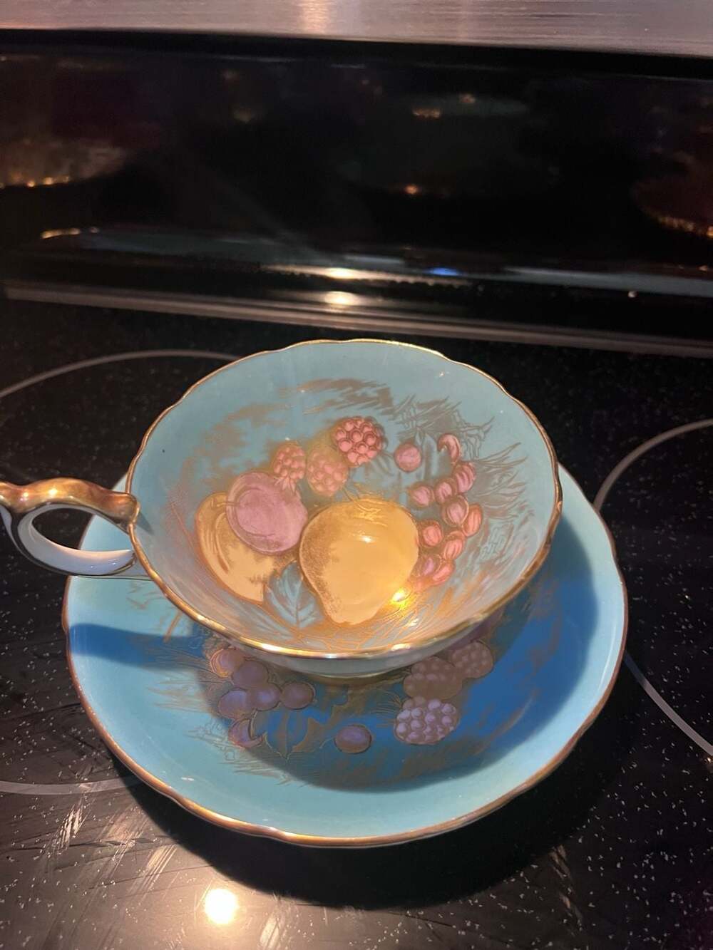 Vintage Aynsley Orchard Fruit Turquoise Blue Teacup and Saucer Set